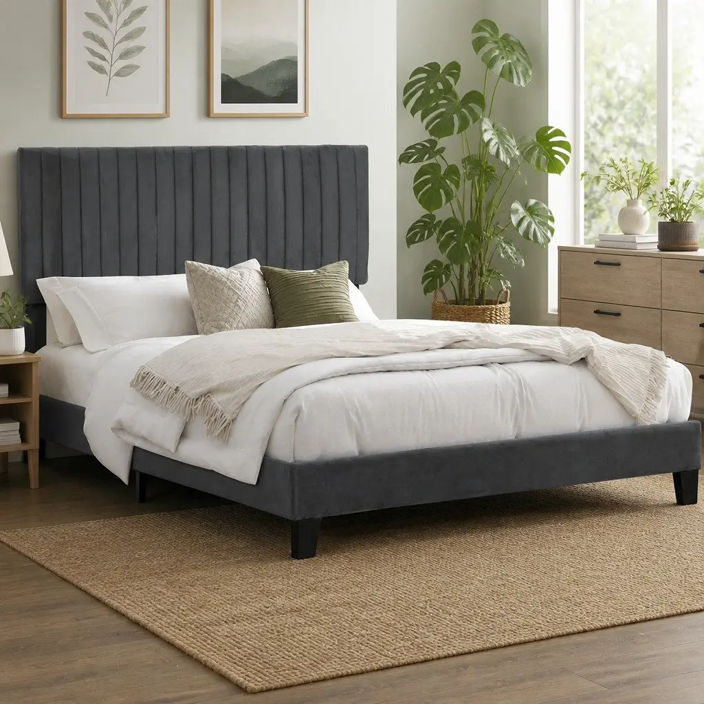 Queen Size Bed Frame Grey Velvet Padded Headboard Wooden Slat Platform Base