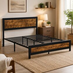 Metal Bed Frame Double Queen Size Industrial Steel Slats Storage Base Platform
