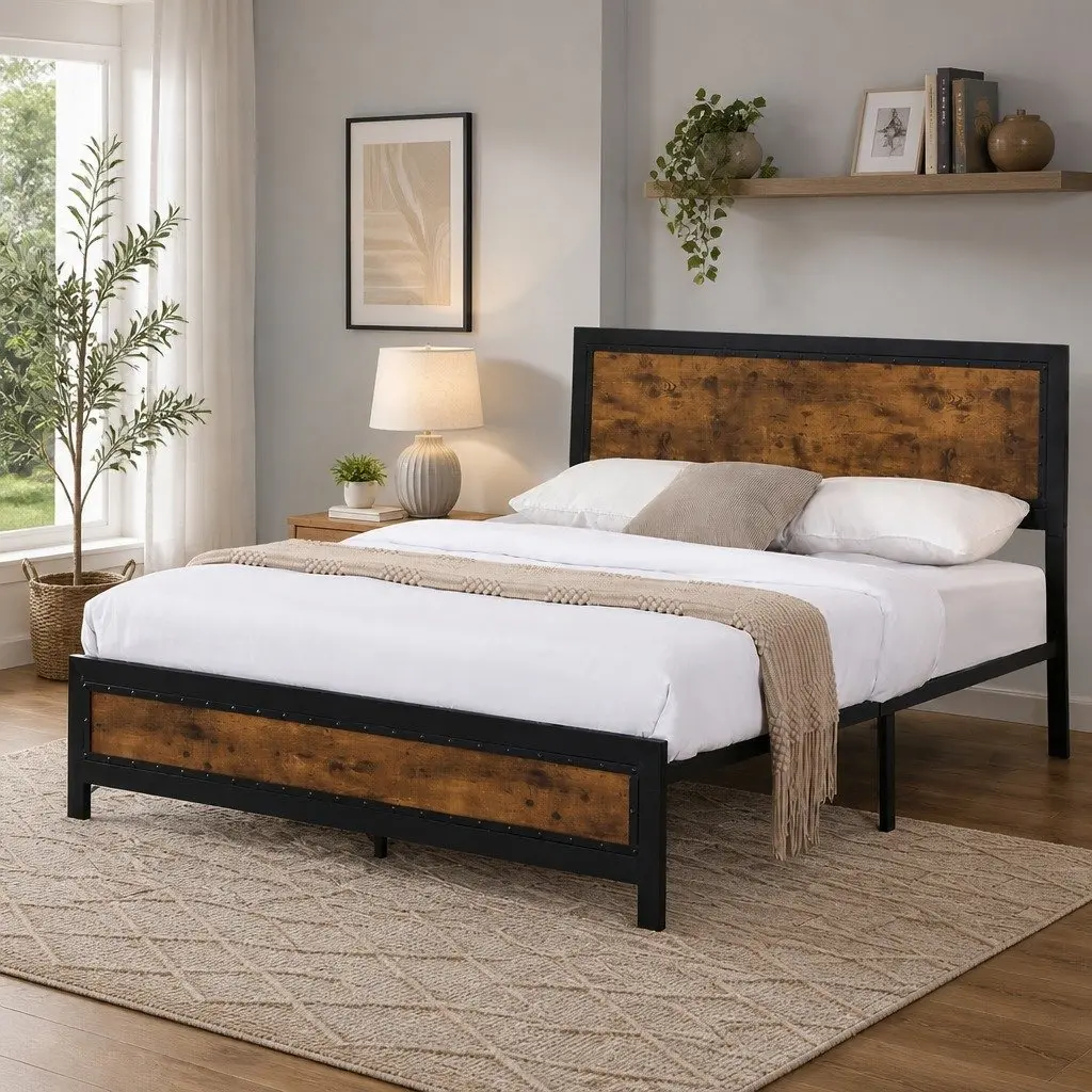 Double Bed Frame Brown Double Size Mattress Base with Steel Slats