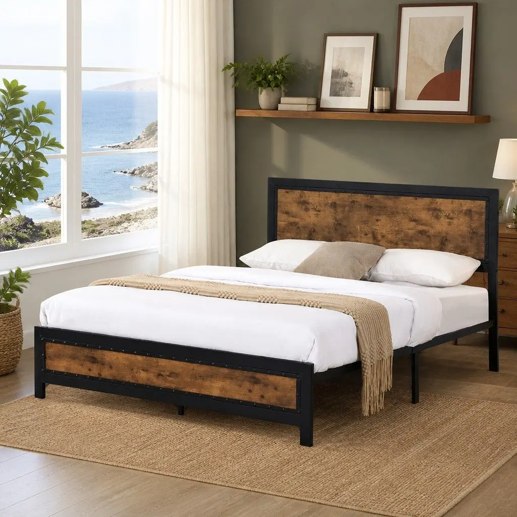 Double Bed Frame Brown Double Size Mattress Base with Steel Slats