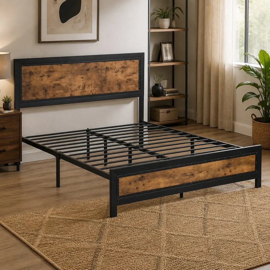Metal Bed Frame Brown Queen Size Steel Slat Platform Bed Base