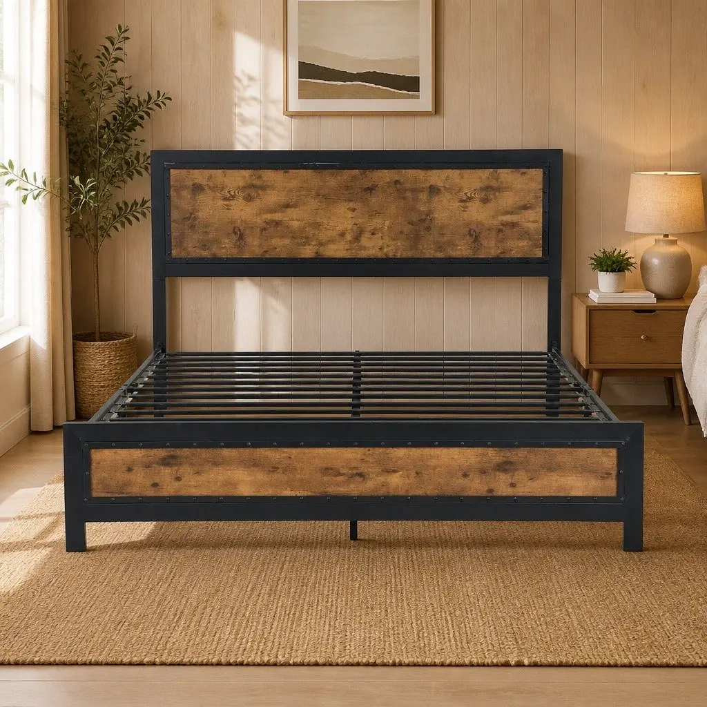 Metal Bed Frame Brown Queen Size Steel Slat Platform Bed Base