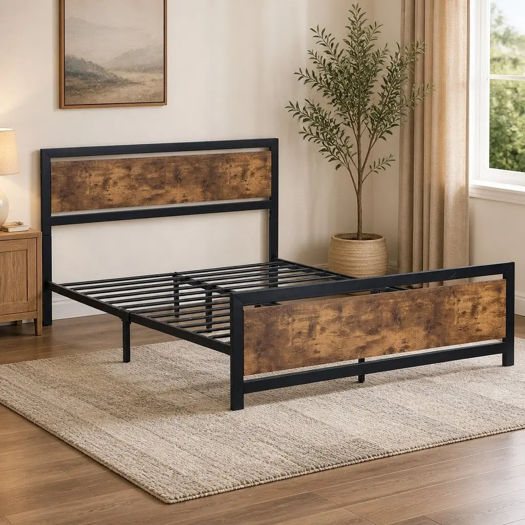 Metal Bed Frame Brown Queen Size Industrial Steel Slats Storage Mattress Base