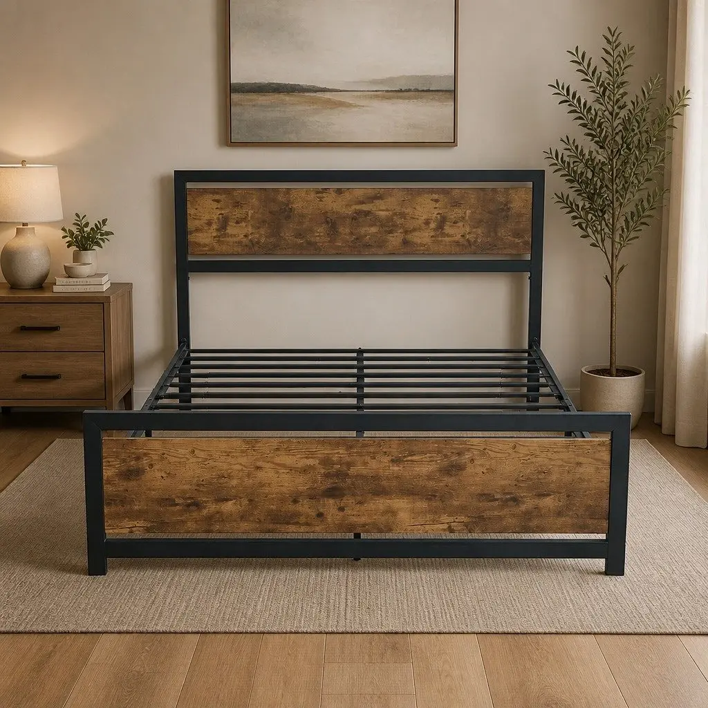 Metal Bed Frame Brown Queen Size Industrial Steel Slats Storage Mattress Base