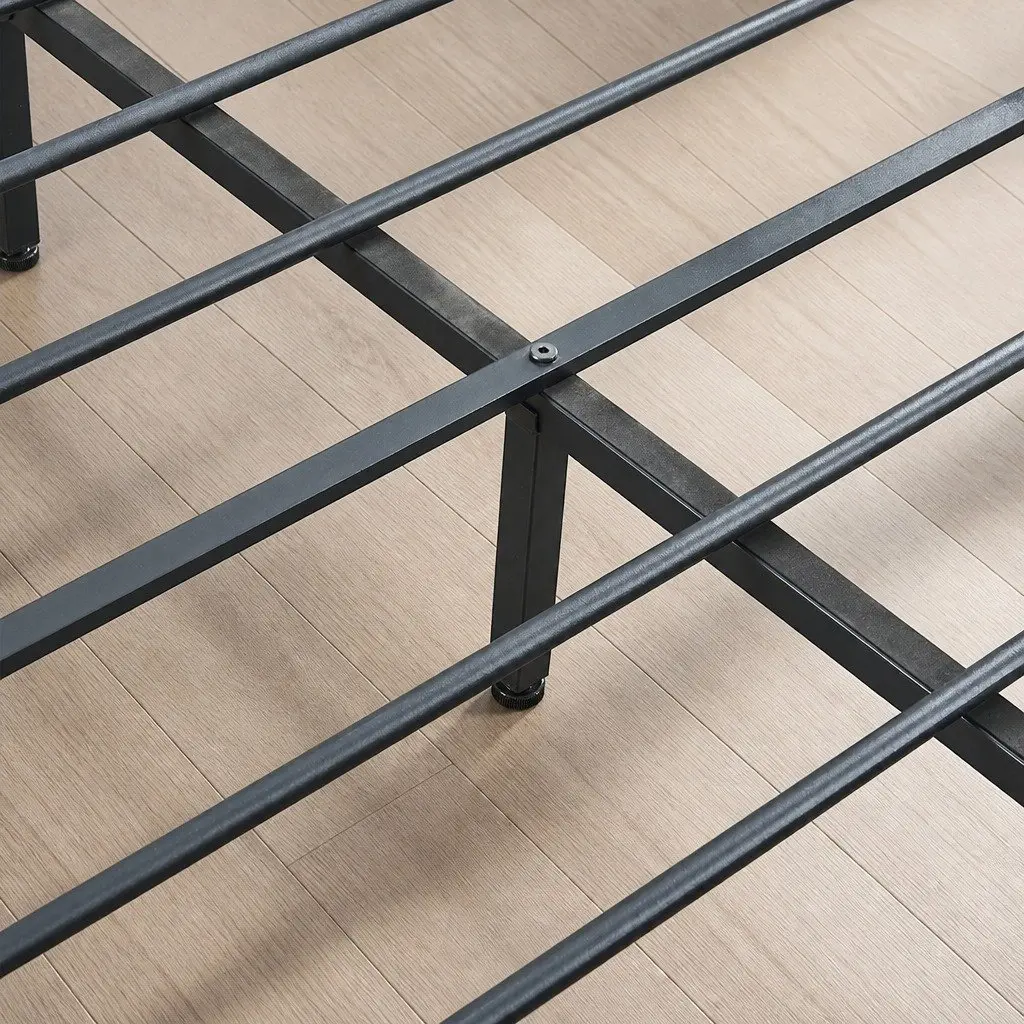 Metal Bed Frame Brown Queen Size Industrial Steel Slats Storage Mattress Base
