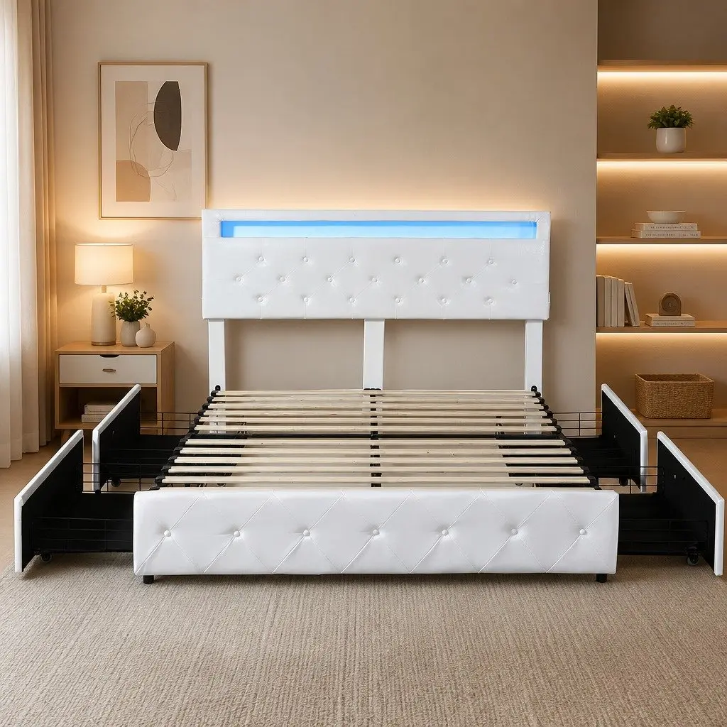 Queen Bed Frame Cream with 4 Storage Drawers RGB LED Lights and USB Charging Ports