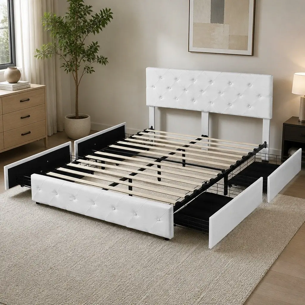 Queen Bed Frame Cream with 4 Storage Drawers Tufted Headboard Support Beams