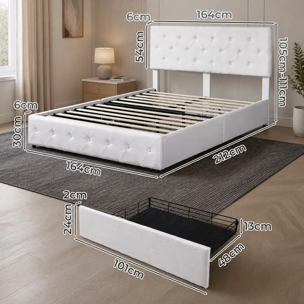 Queen Bed Frame Cream with 4 Storage Drawers Tufted Headboard Support Beams