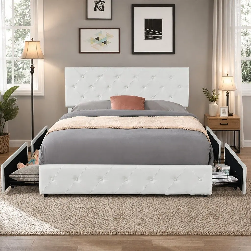 Queen Bed Frame Cream with 4 Storage Drawers Tufted Headboard Support Beams
