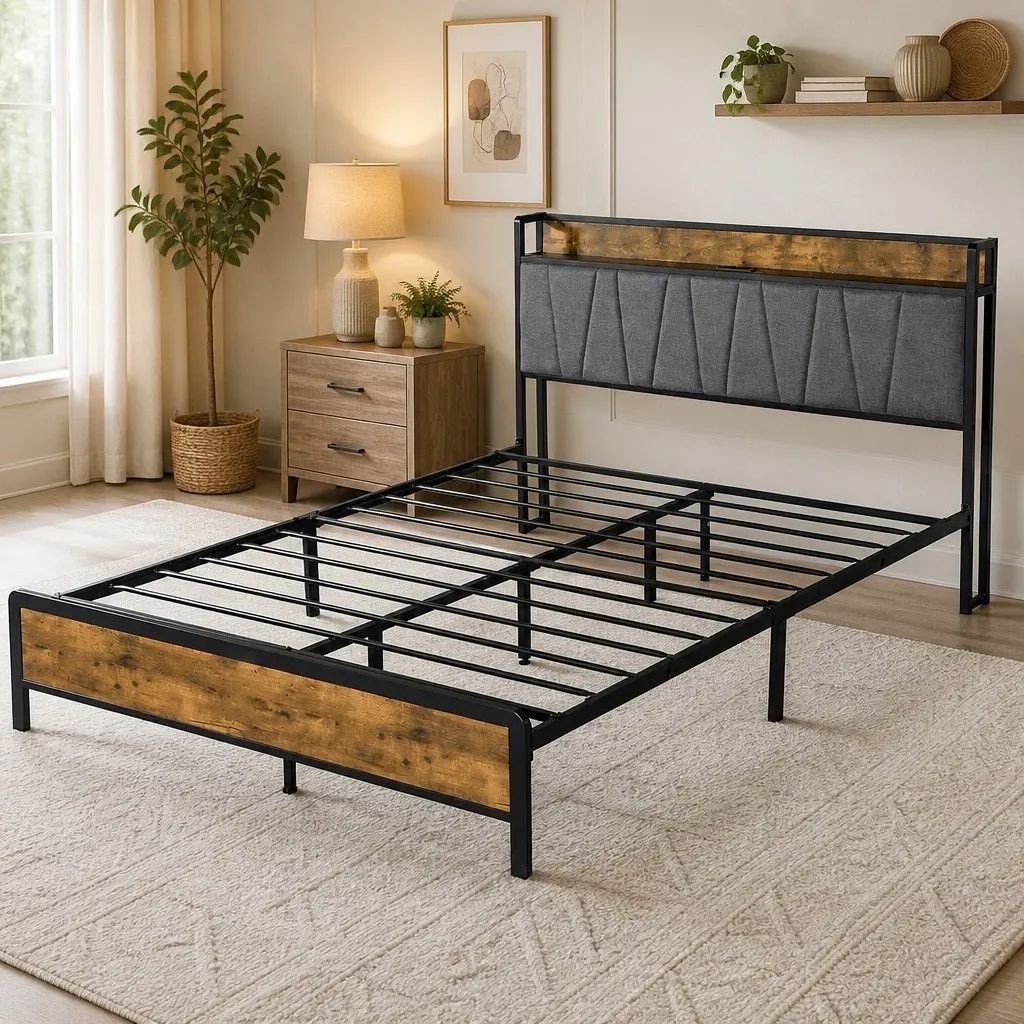 Double Bed Frame Brown Double Upholstered Headboard with USB Charging Storage