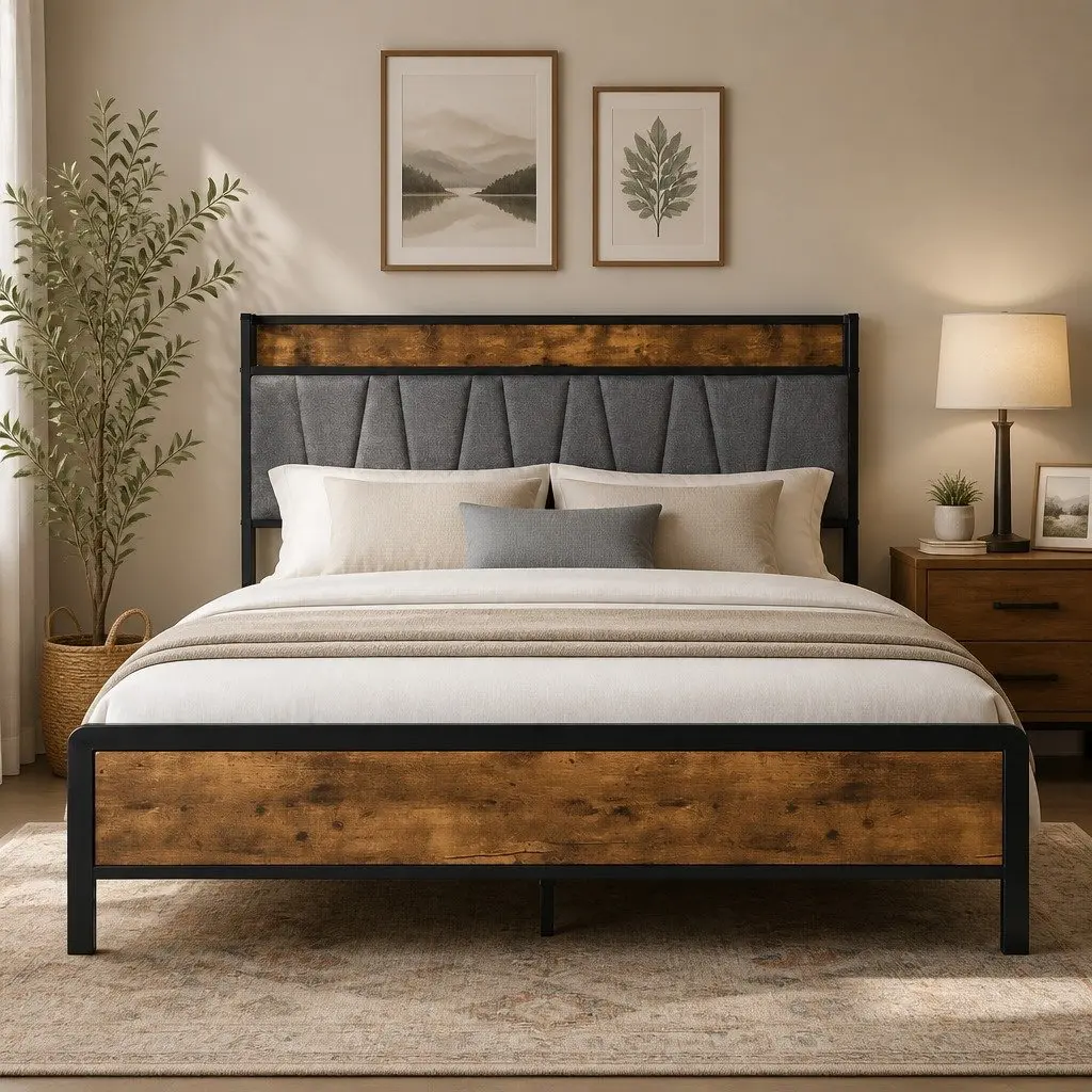 Double Bed Frame Brown Double Upholstered Headboard with USB Charging Storage