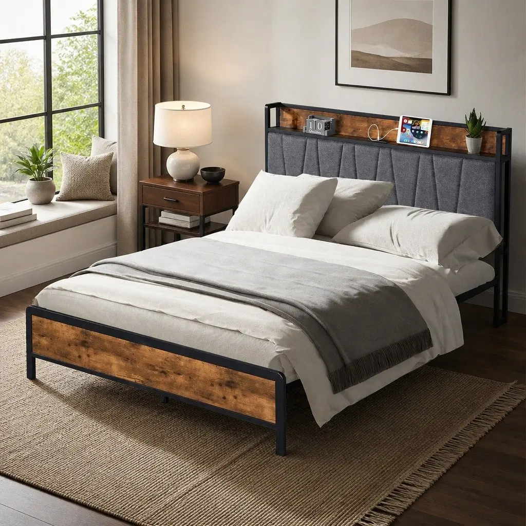 Double Bed Frame Brown Double Upholstered Headboard with USB Charging Storage