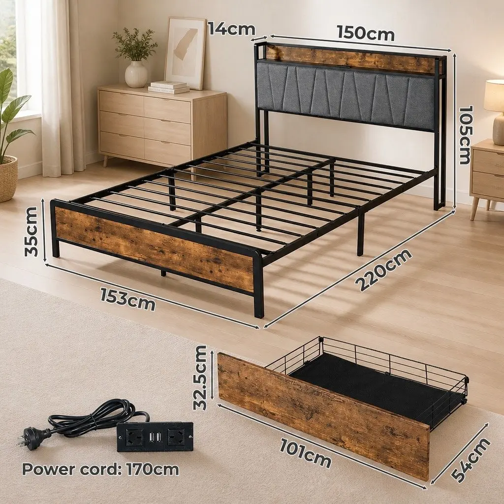 Queen Bed Frame Brown Upholstered Tufted Headboard with USB Charging Ports and Storage Shelf