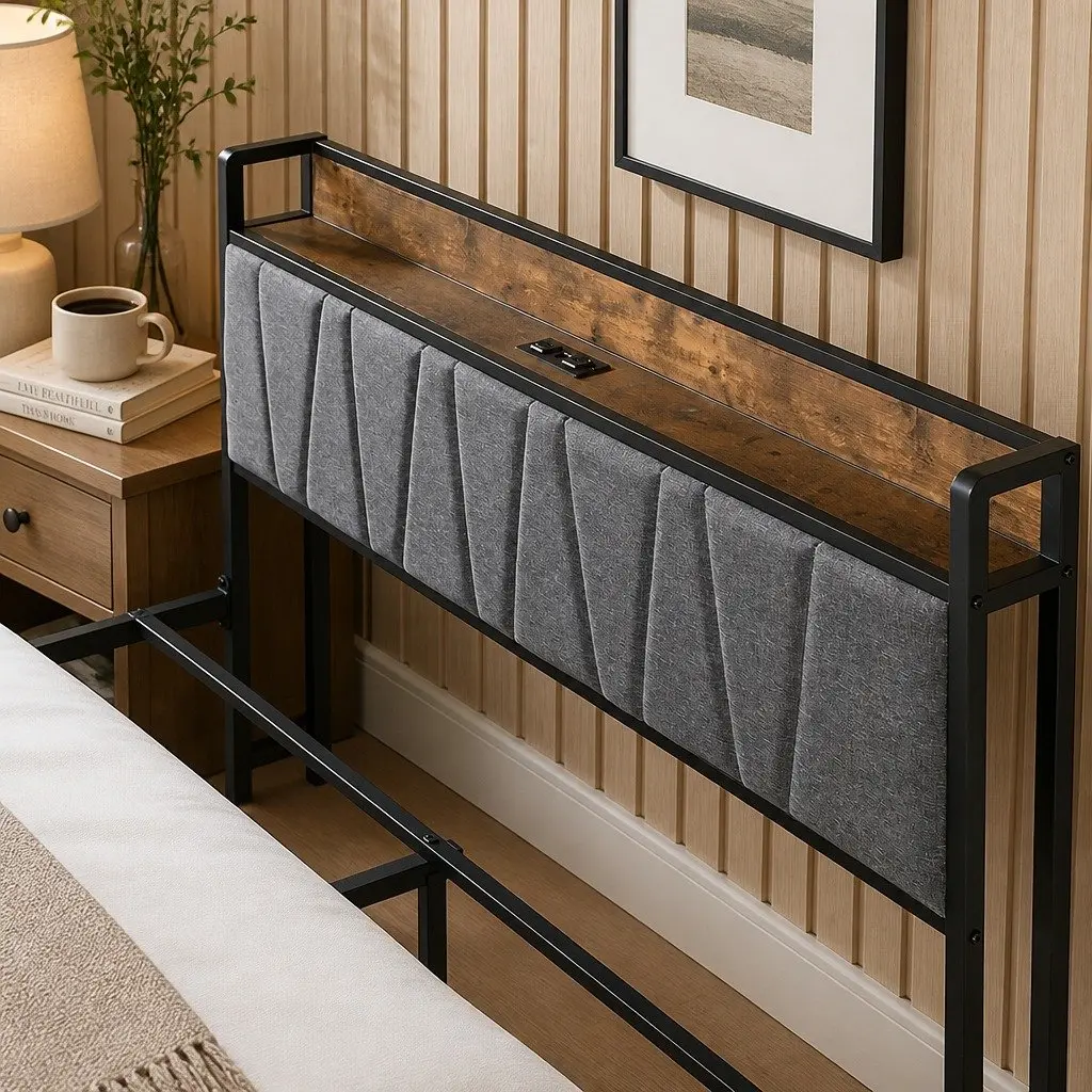 Queen Bed Frame Brown Upholstered Tufted Headboard with USB Charging Ports and Storage Shelf