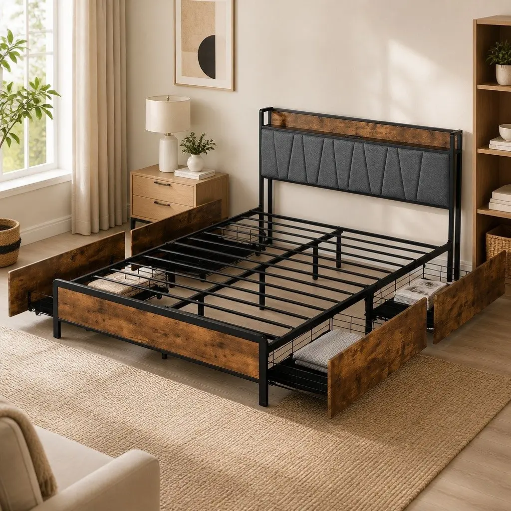 Queen Bed Frame with Integrated USB Charging Headboard