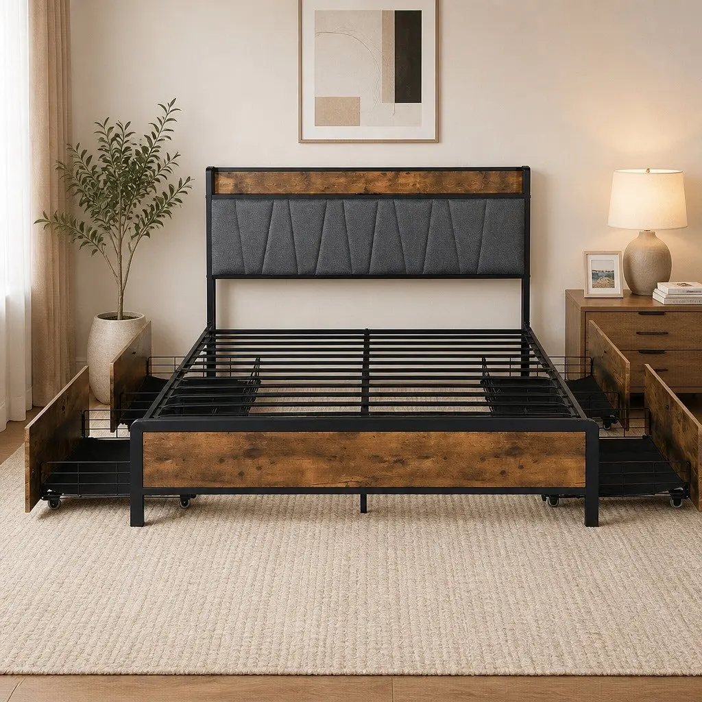Queen Bed Frame with Integrated USB Charging Headboard