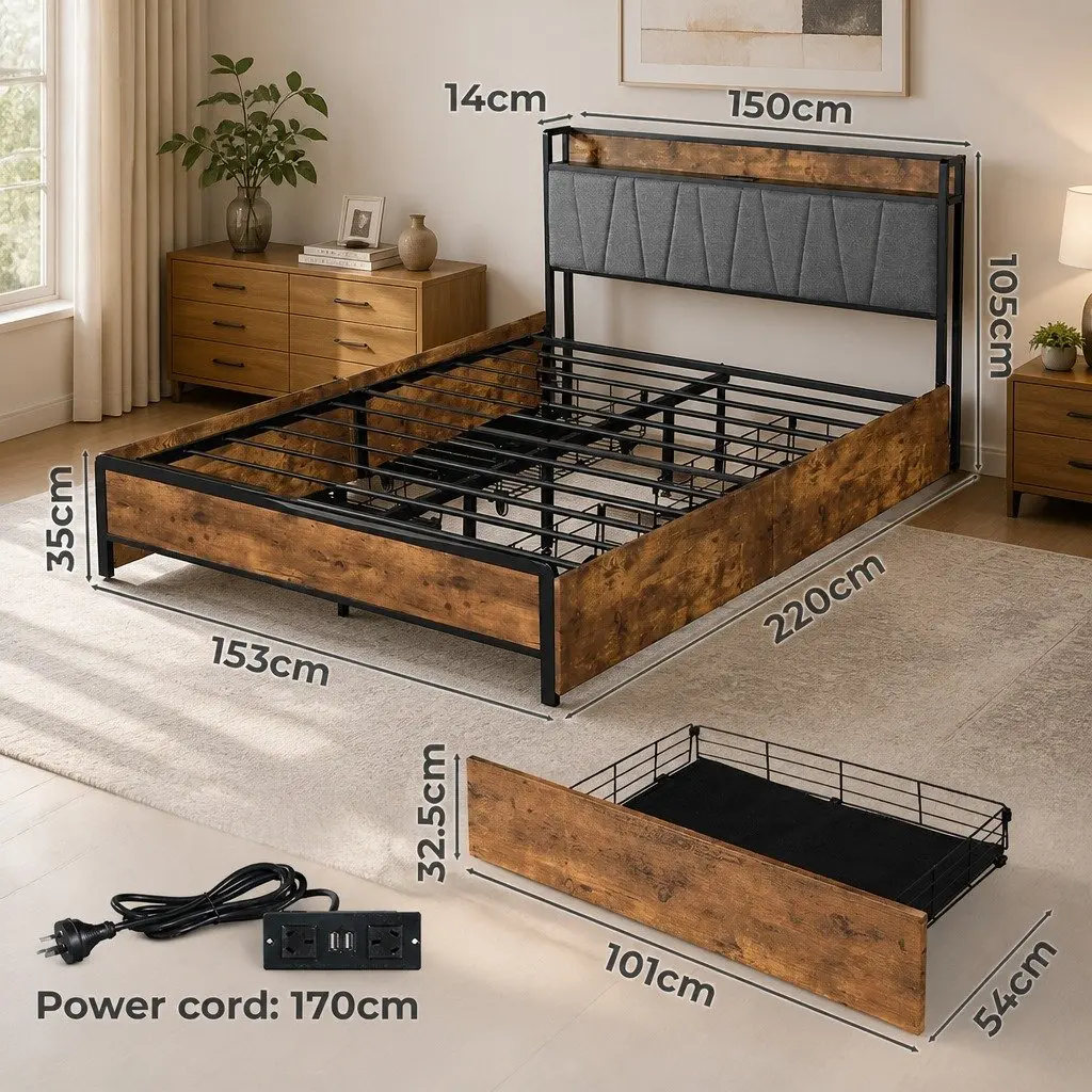 Queen Bed Frame with Integrated USB Charging Headboard