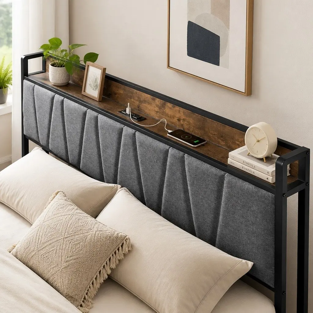 Queen Bed Frame with Integrated USB Charging Headboard