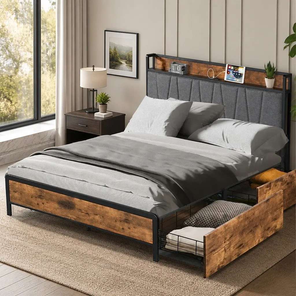 Queen Bed Frame with Integrated USB Charging Headboard