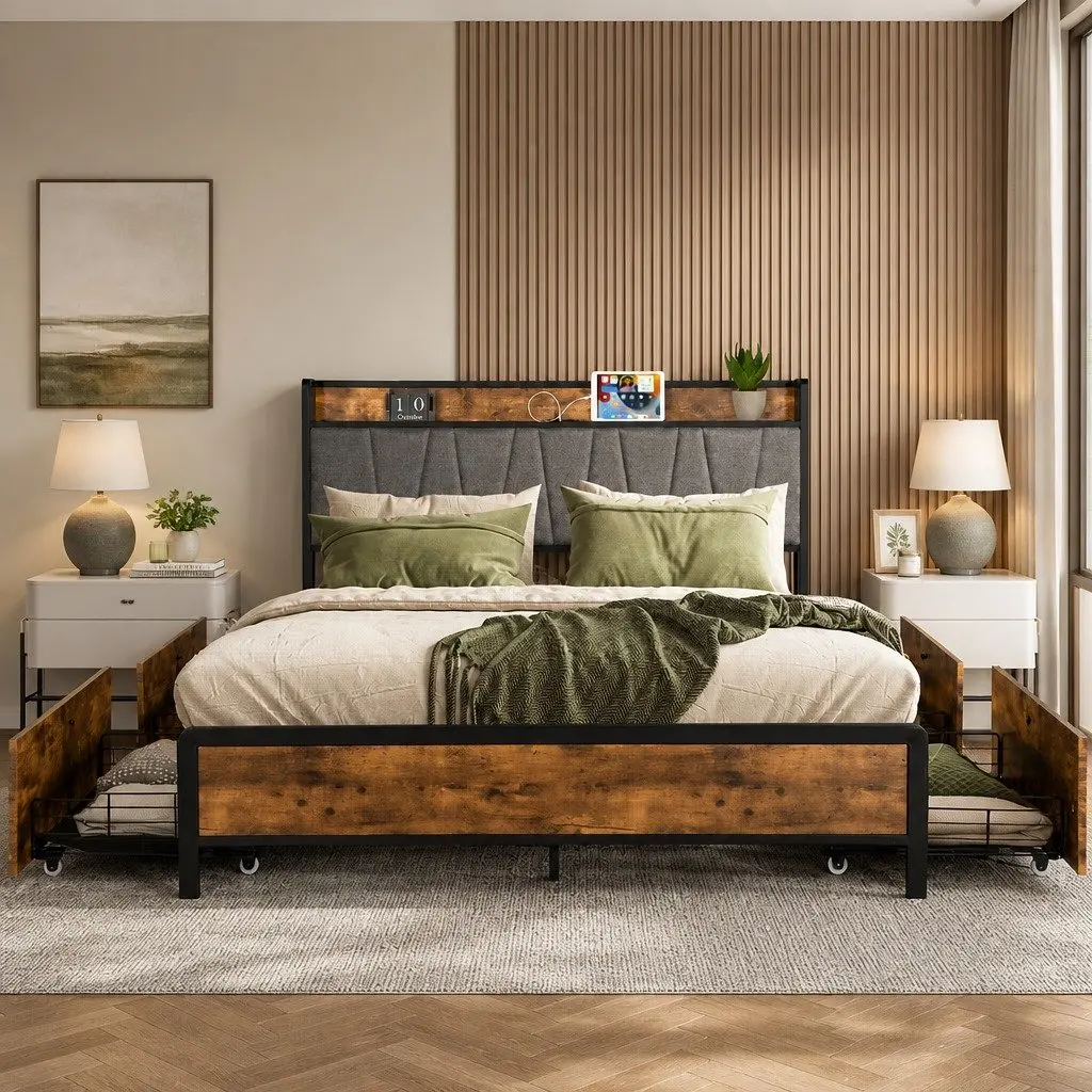 Queen Bed Frame with Integrated USB Charging Headboard