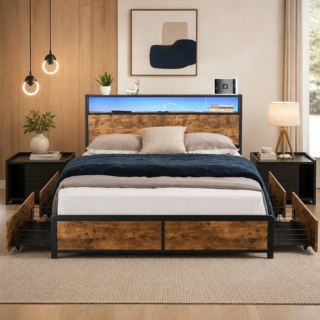 Queen Bed Frame Brown with RGB LED Lighting Storage Drawers USB Charging Headboard