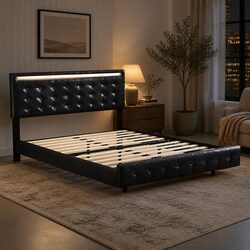 Floating Bed Frame Double with LED Light Strips Headboard Platform Bedroom