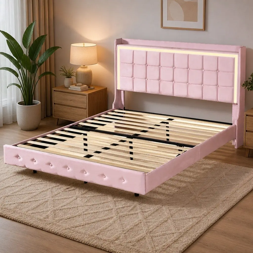 Double Floating Bed Frame with LED Light Strips USB Ports Modern Bedroom