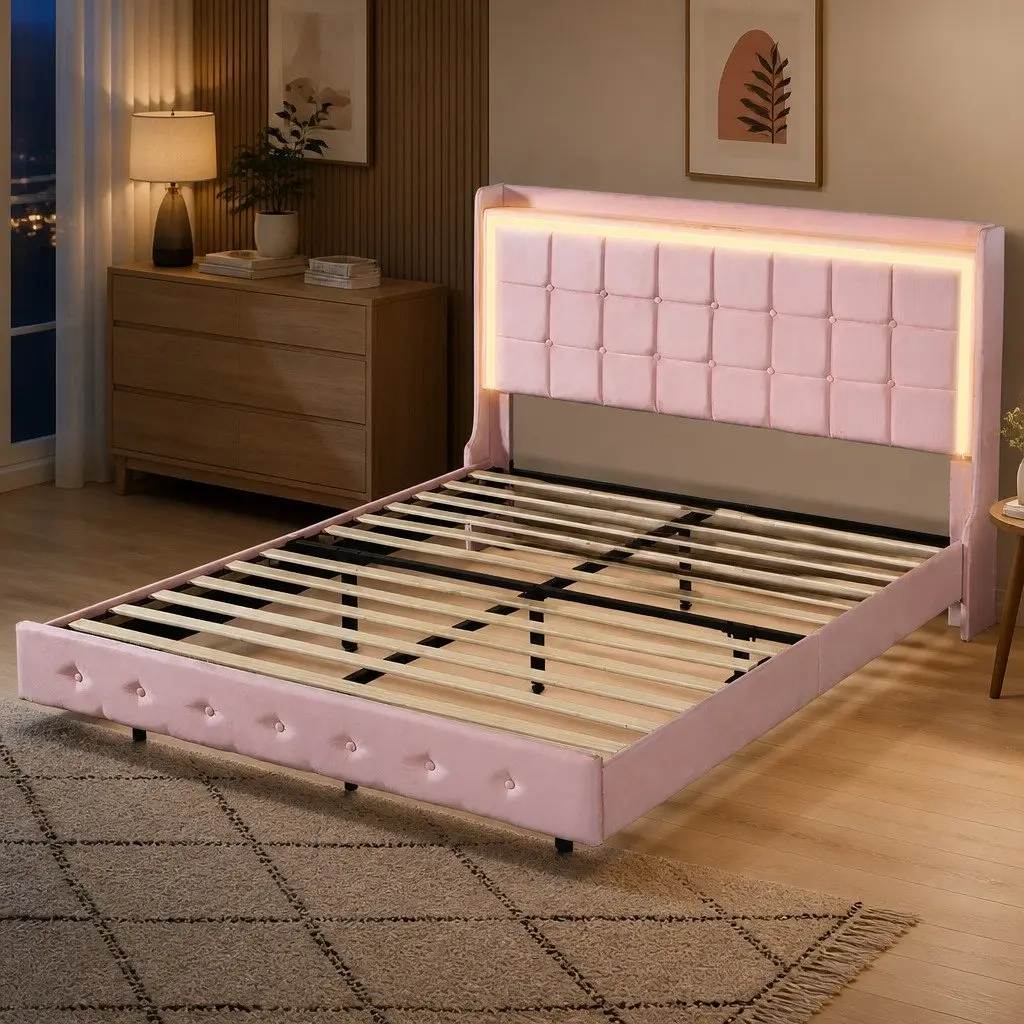 Queen Floating Bed Frame LED Light USB Ports Velvet Modern Bedroom Furniture