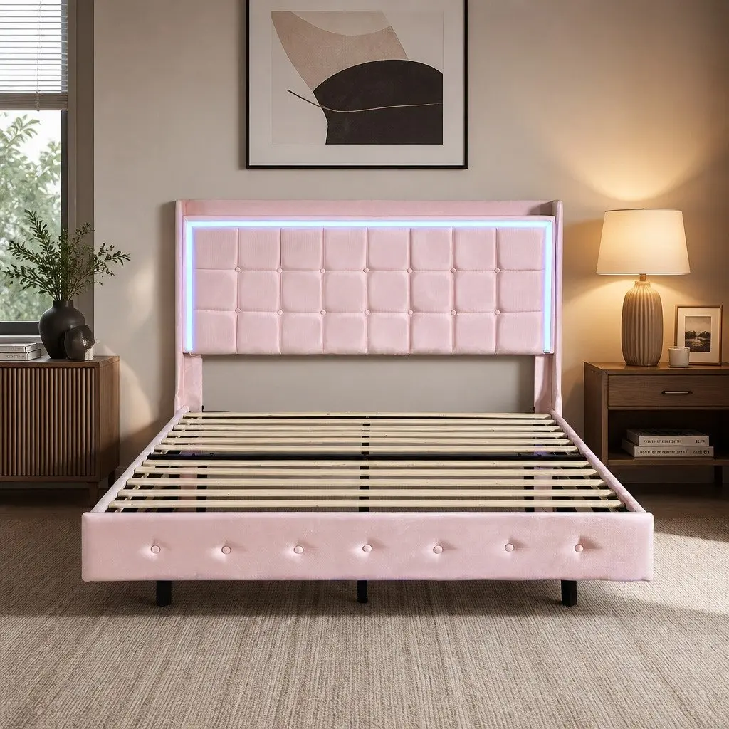 Queen Floating Bed Frame LED Light USB Ports Velvet Modern Bedroom Furniture