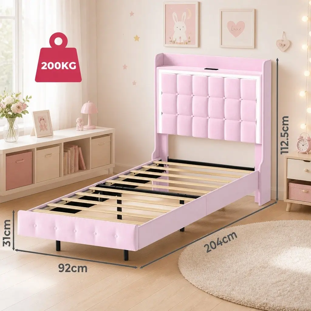 Single Floating Bed Frame LED Headboard USB Charging Pink Modern Bedroom