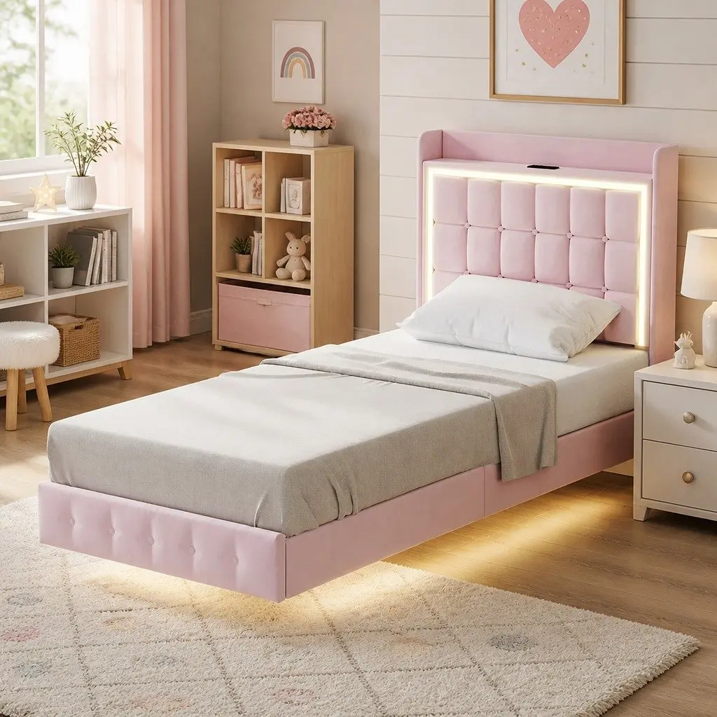 Single Floating Bed Frame LED Headboard USB Charging Pink Modern Bedroom