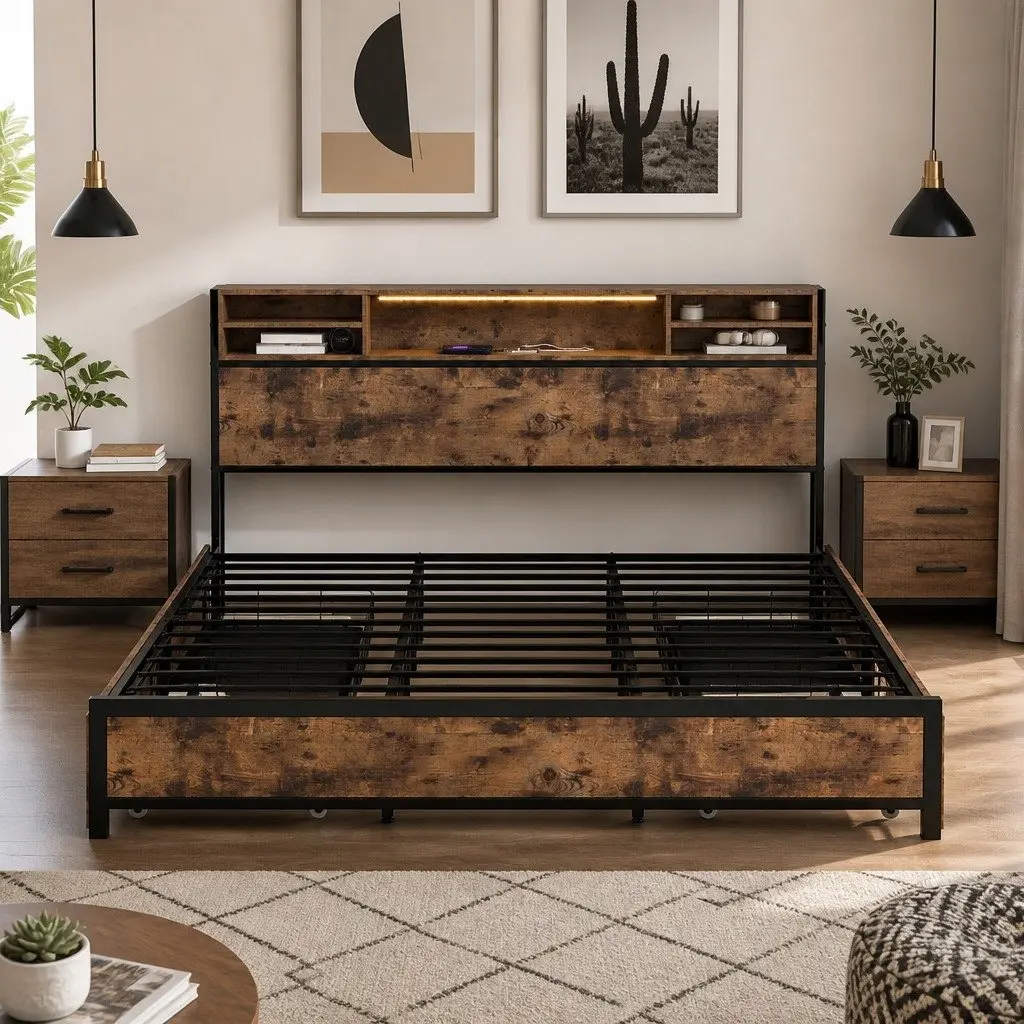 King Bed Frame Brown with Storage Drawers RGB LED Headboard Charging Station