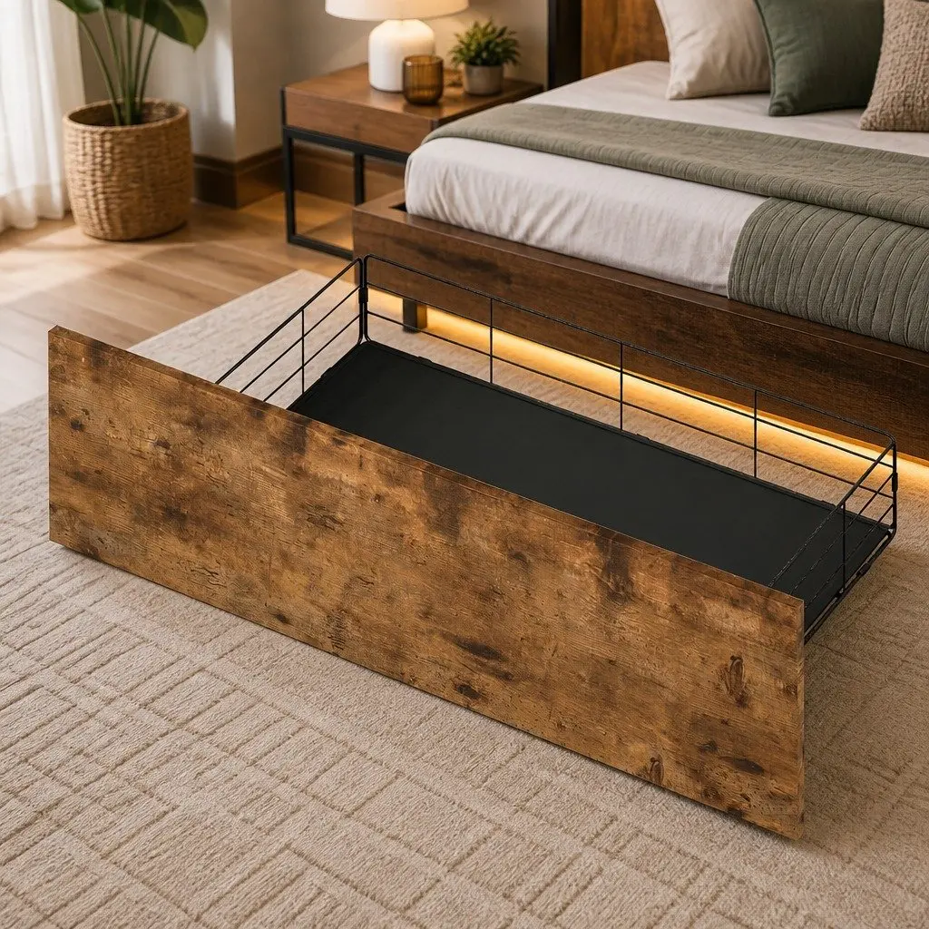King Bed Frame Brown with Storage Drawers RGB LED Headboard Charging Station