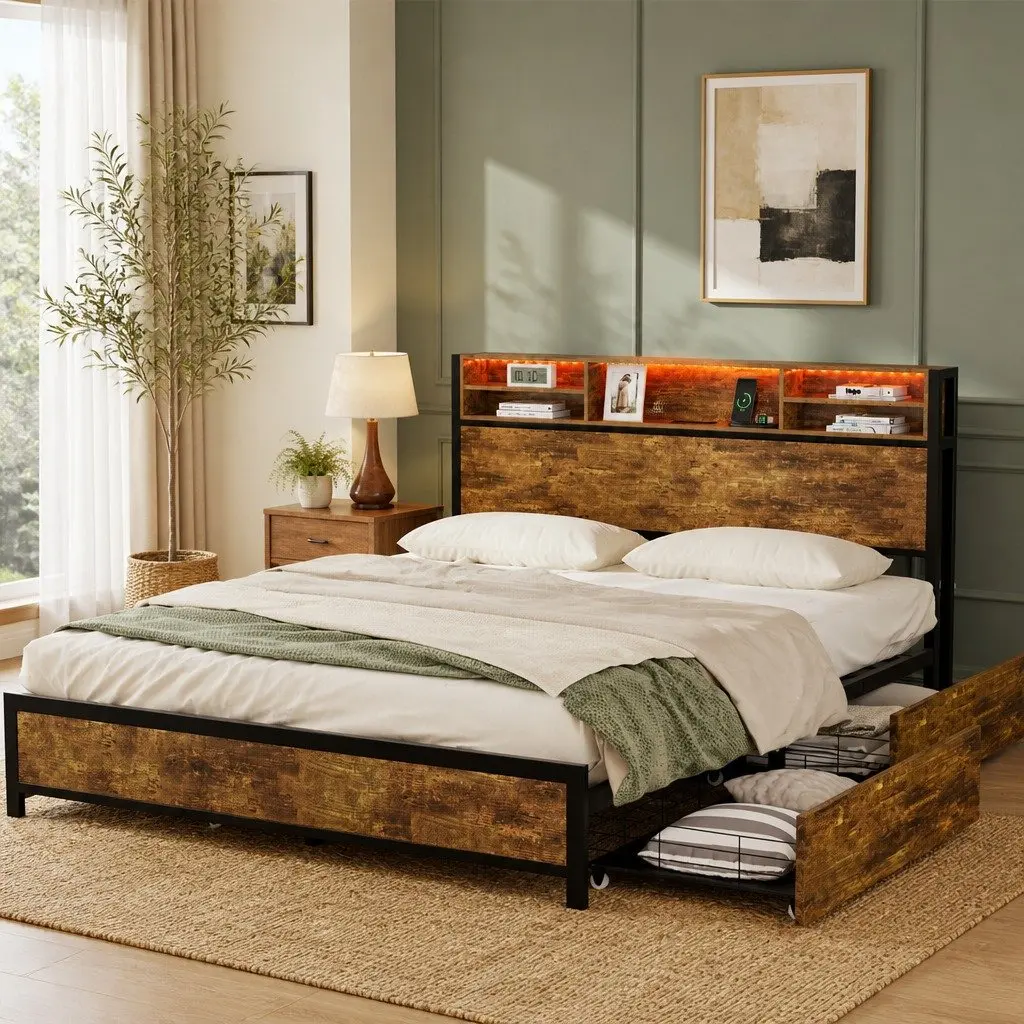 King Bed Frame Brown with Storage Drawers RGB LED Headboard Charging Station
