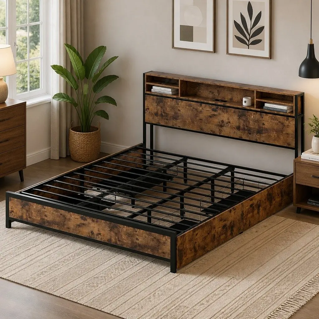 King Bed Frame Brown with Storage Drawers RGB LED Headboard Charging Station