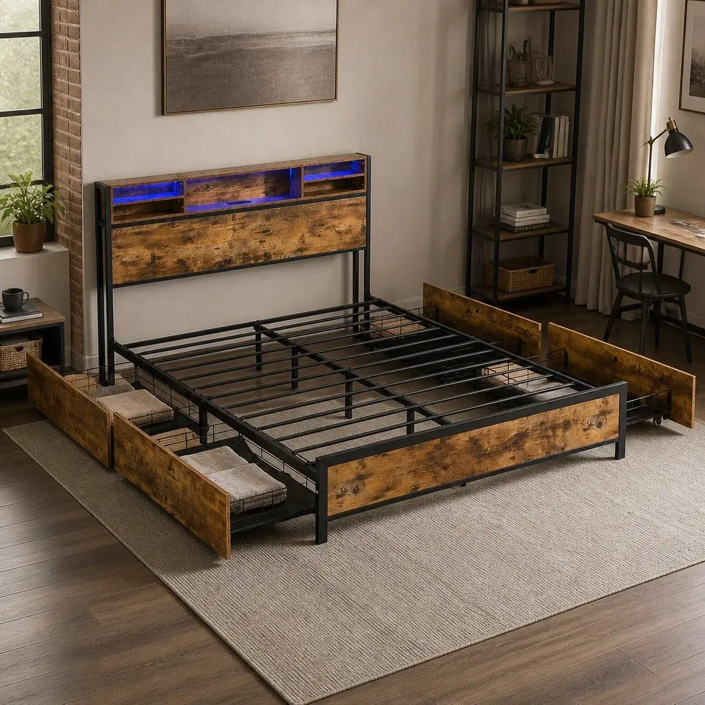 Queen Bed Frame Brown with LED Light Storage Drawers Headboard Charging Station