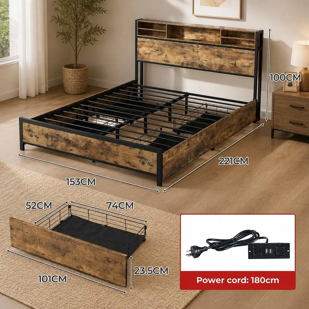 Queen Bed Frame Brown with LED Light Storage Drawers Headboard Charging Station