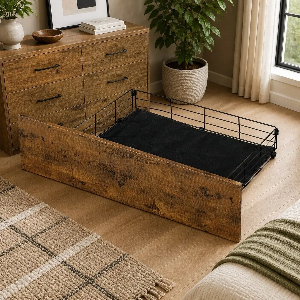 Queen Bed Frame Brown with LED Light Storage Drawers Headboard Charging Station