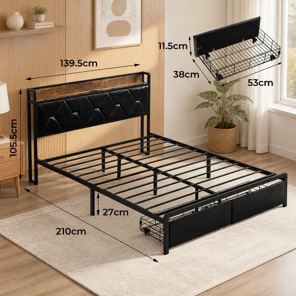 Double Bed Frame Black with LED Lights USB Charging Headboard and Storage Drawers