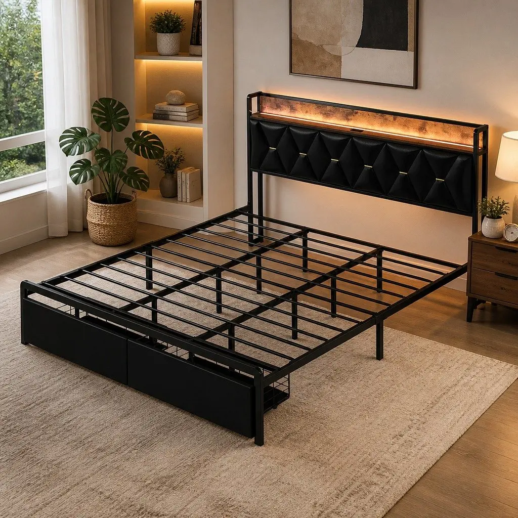 King Bed Frame Black with LED Headboard Storage Drawers USB Charging Metal Base