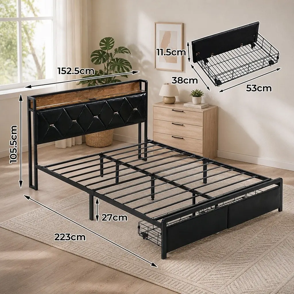 King Bed Frame Black with LED Headboard Storage Drawers USB Charging Metal Base