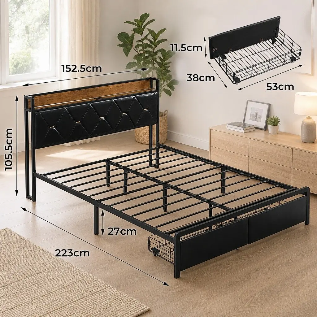 Queen Metal Bed Frame Black with RGB LED Lights USB Charging and Storage Drawers