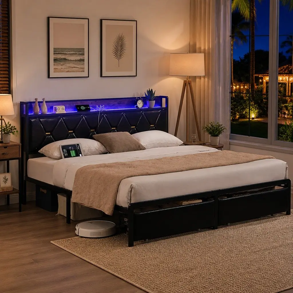 Queen Metal Bed Frame Black with RGB LED Lights USB Charging and Storage Drawers