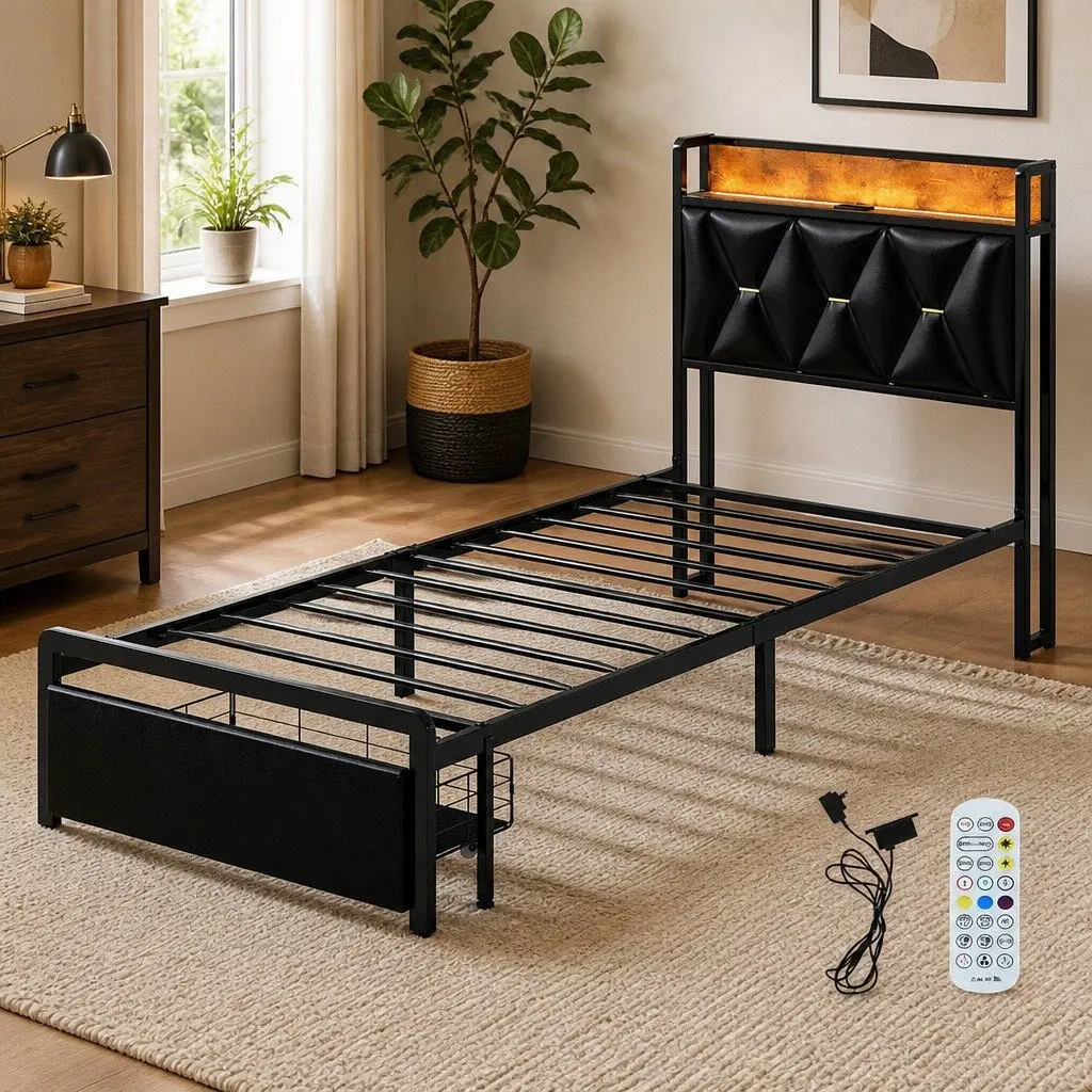 Single Bed Frame with LED Headboard and Storage