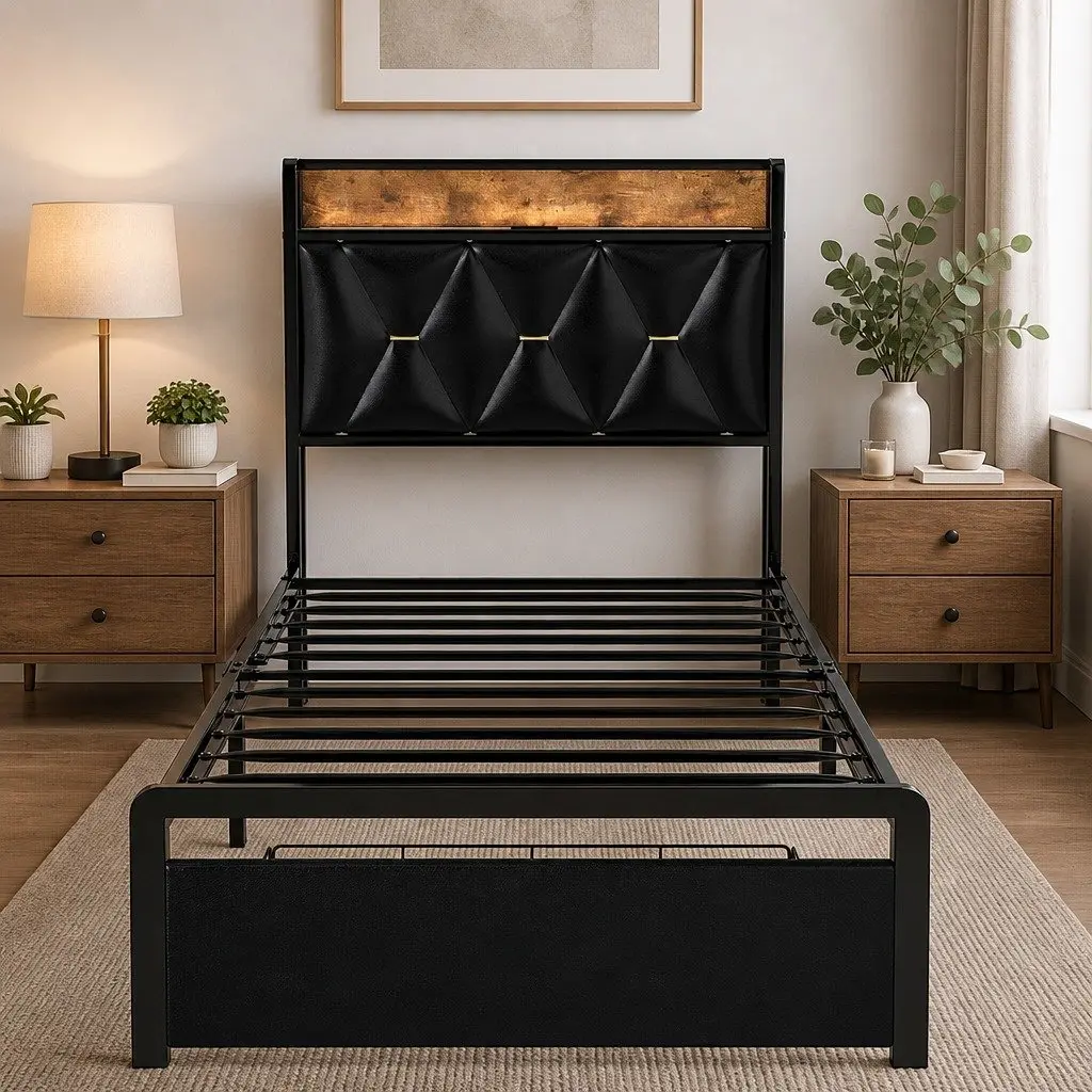 Single Bed Frame with LED Headboard and Storage