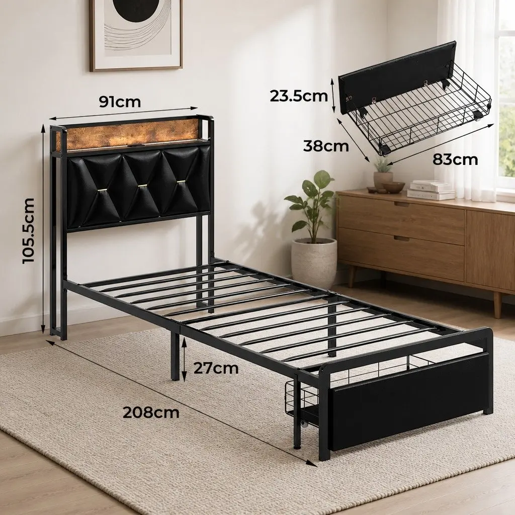 Single Bed Frame with LED Headboard and Storage
