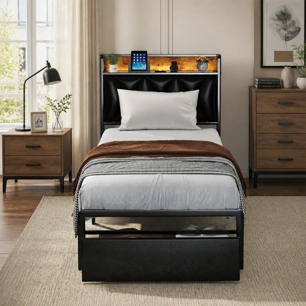 Single Bed Frame with LED Headboard and Storage