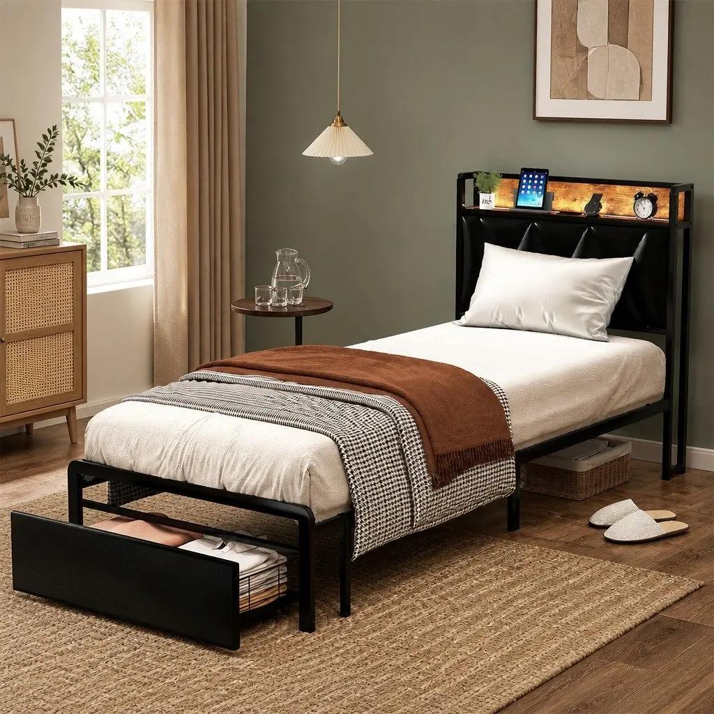 Single Bed Frame with LED Headboard and Storage