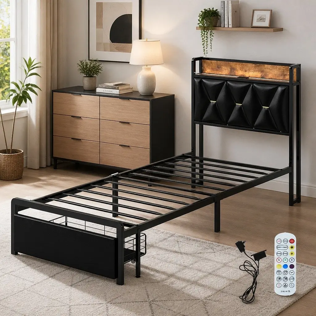 Single Bed Frame with LED Headboard and Storage