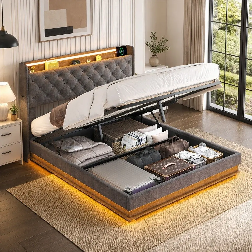 Double Bed Frame Grey Gas Lift Storage LED Light Headboard USB Charging